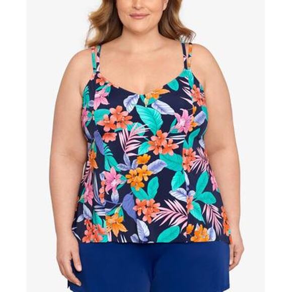 Swim Solutions Plus Size Printed Double-Strap Princess Tankini Top, 18W - Picture 2 of 11